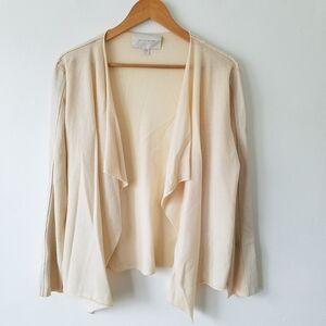Brochu Walker Wool Cashmere Drape Open Front Leather Panel Sleeve Cardigan Large